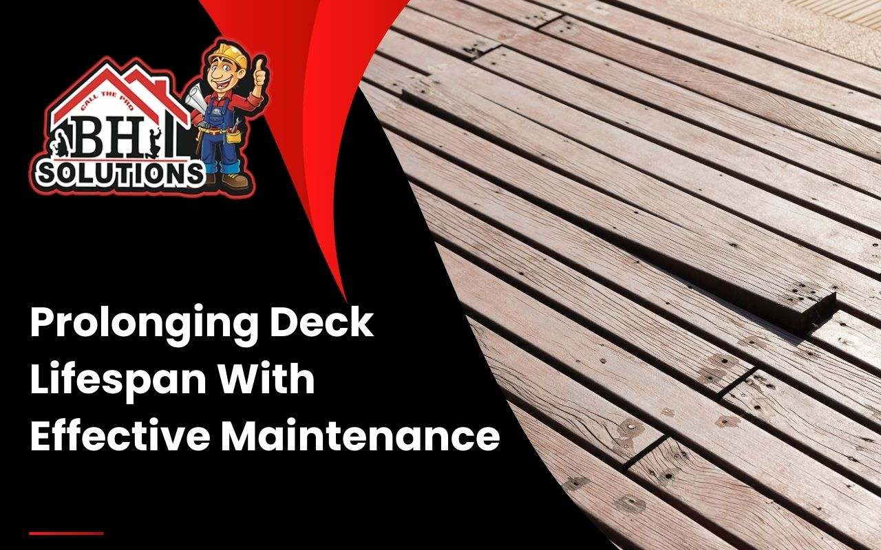 Homeowner inspecting a deck for cracks and loose boards.