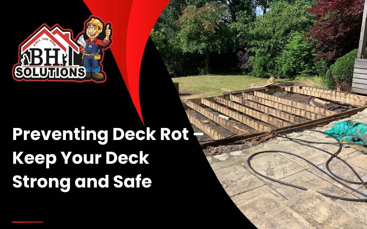 Homeowner inspecting deck boards for early signs of rot.