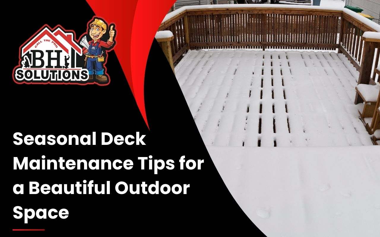 A person clearing snow off a wooden deck with a plastic shovel.