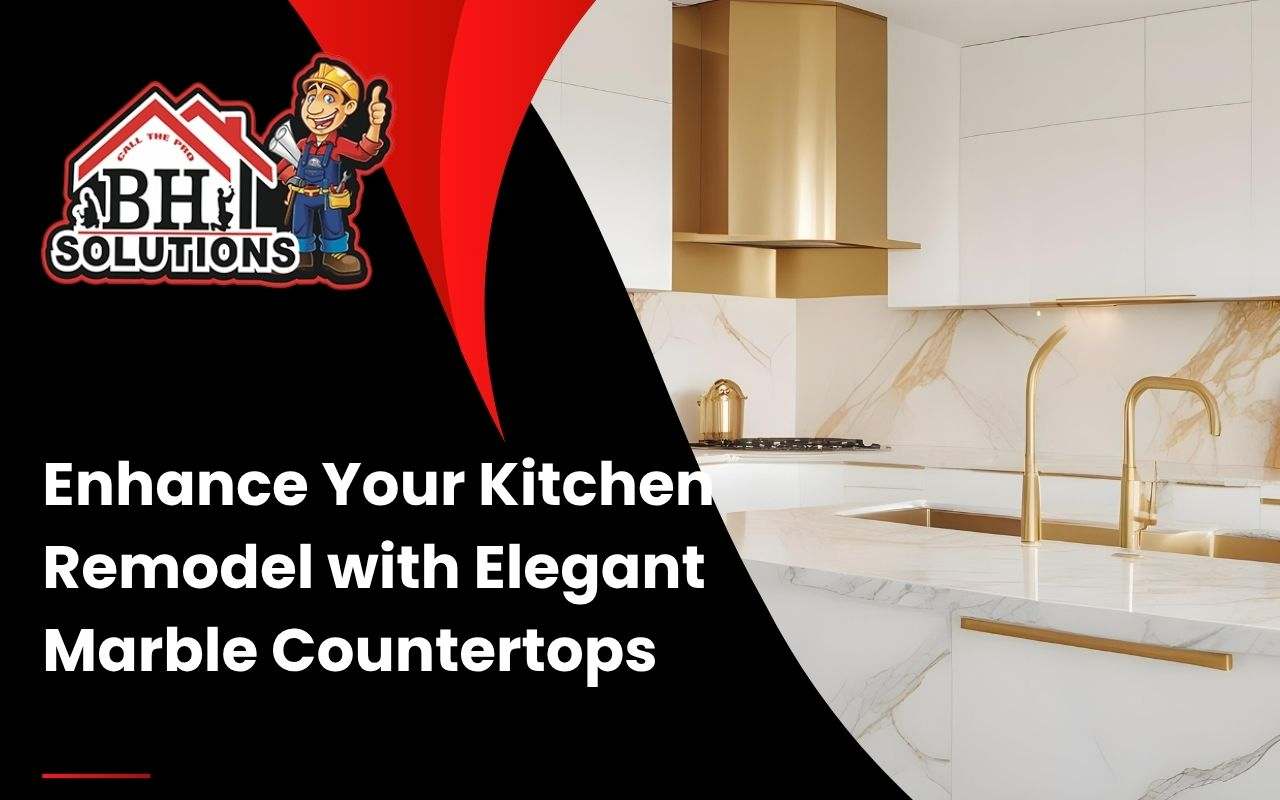 Luxury kitchen with white marble countertops and gold fixtures