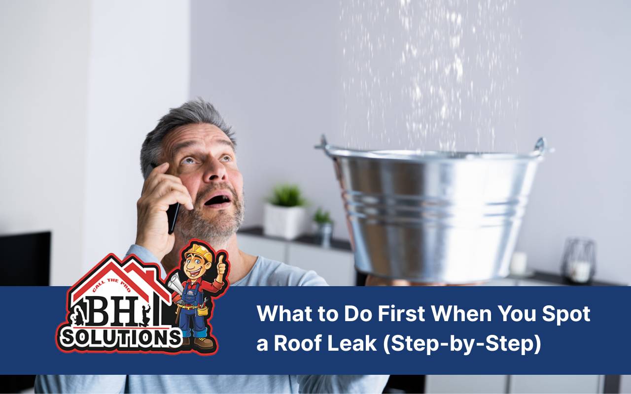 Using buckets and containment techniques during roof leak emergency steps.