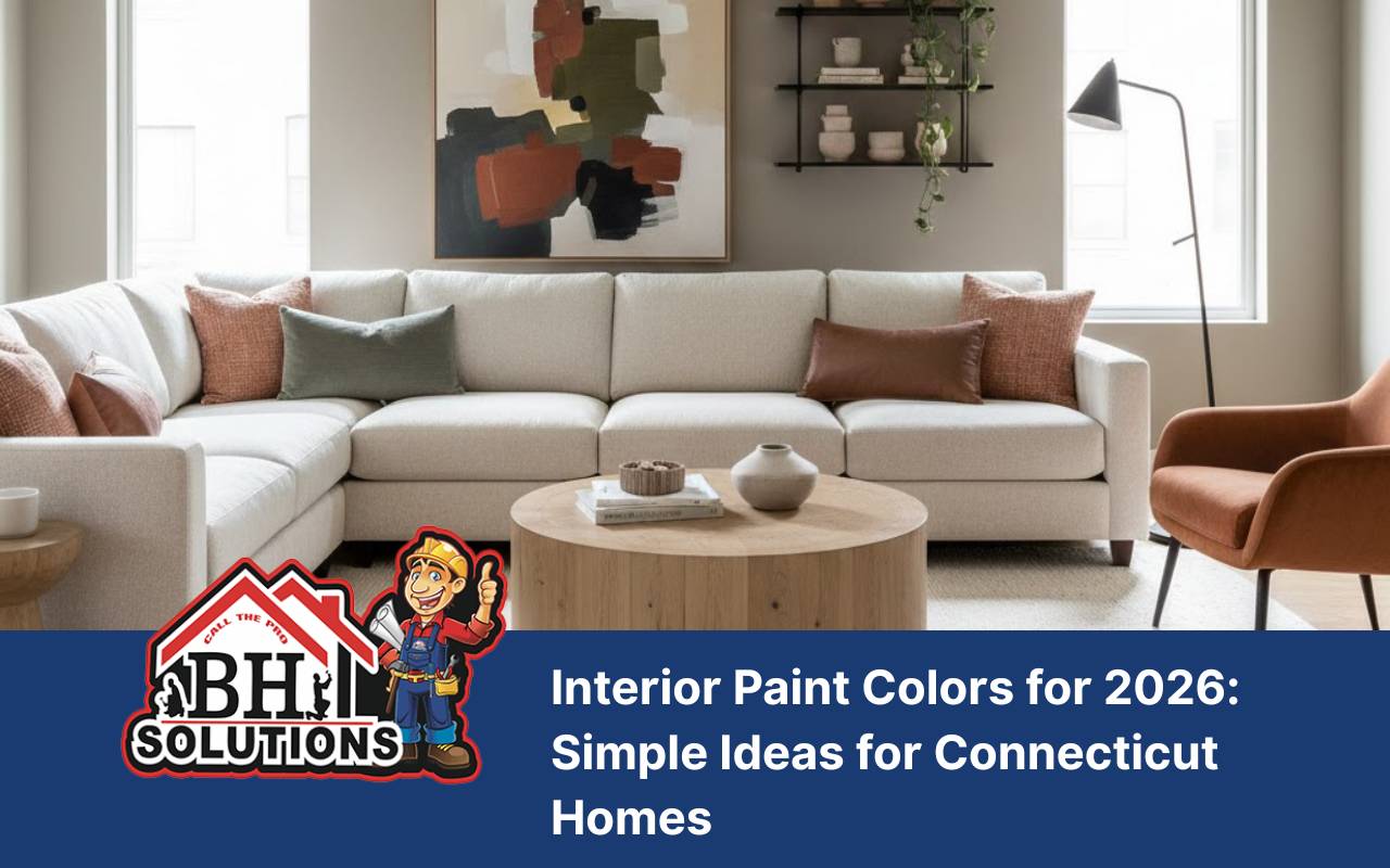 Warm neutral living room featuring Interior Paint Colors for 2026 in a cozy Connecticut home