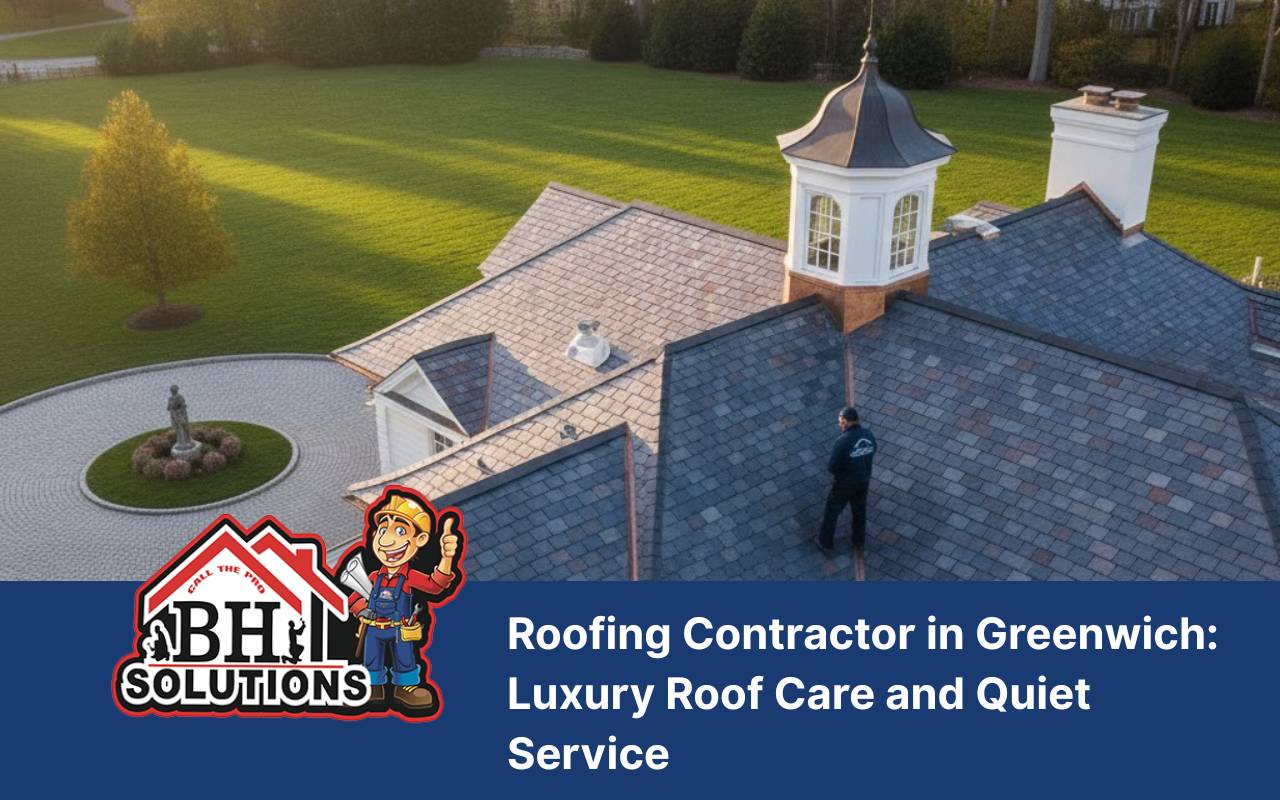 Roofing contractor in Greenwich inspecting cedar shingle roof on a luxury home