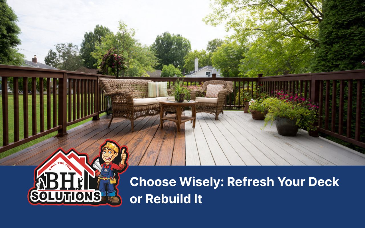 Homeowner comparing Deck Resurfacing vs Rebuild options for an outdoor deck upgrade