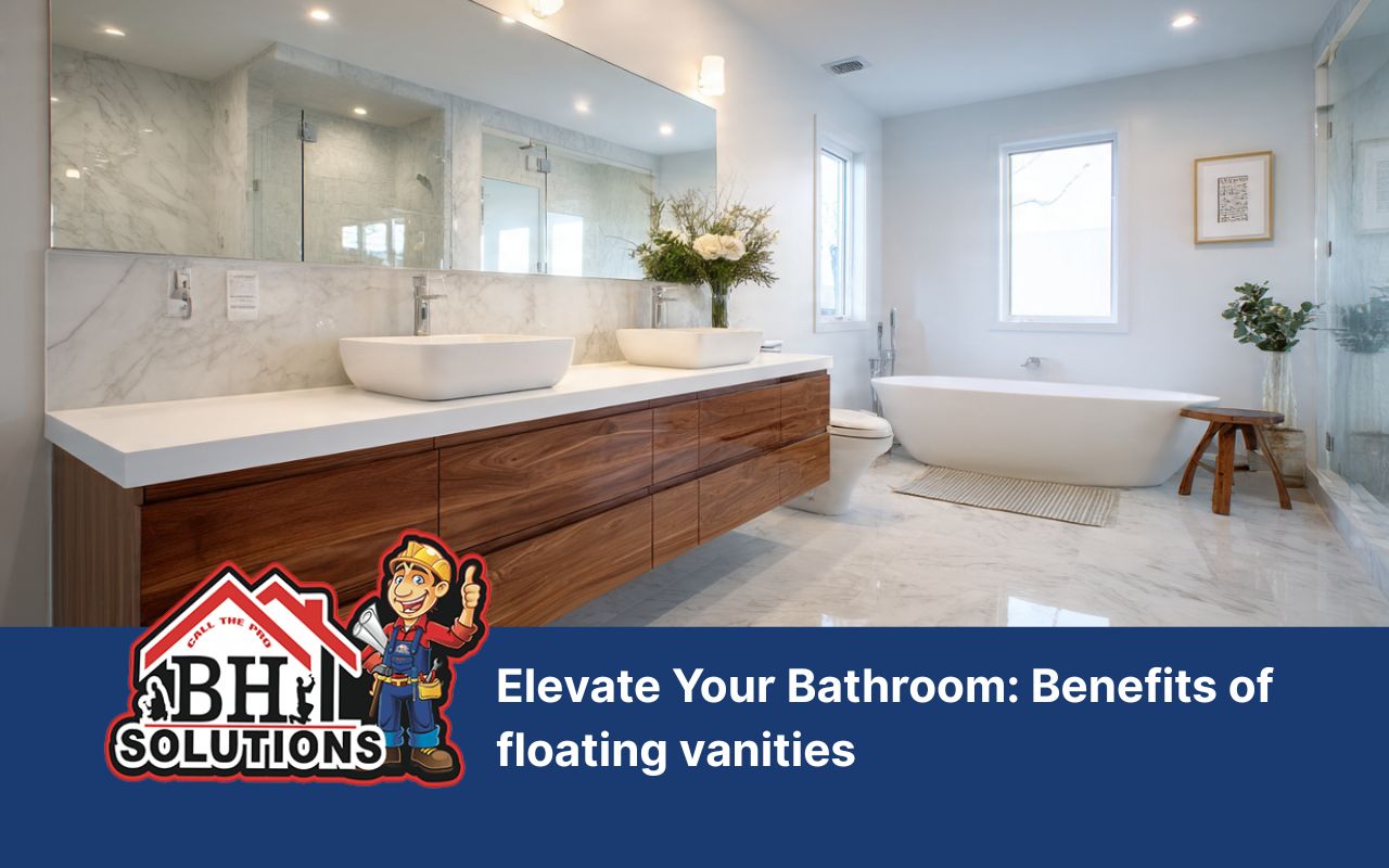 Benefits of floating vanities in a modern bathroom with open floor space and clean lines