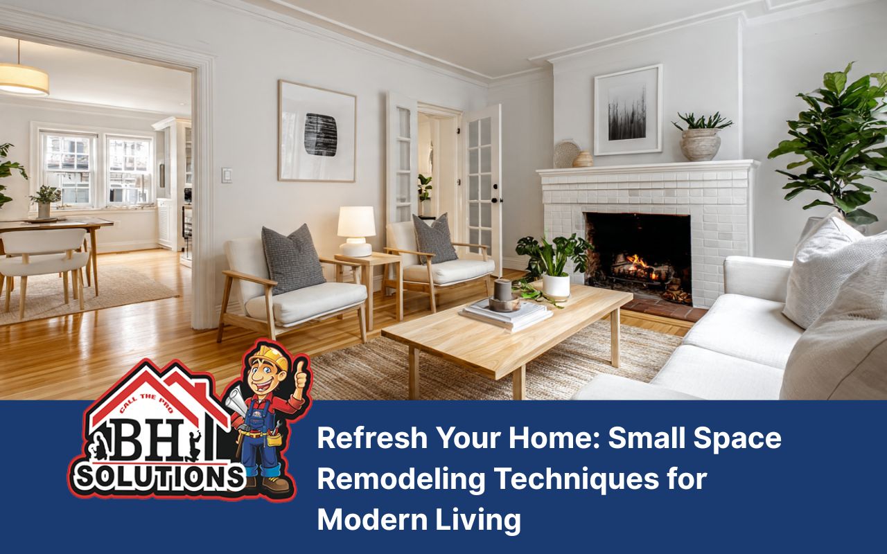 Small space remodeling techniques with layout optimization in a bright living room.