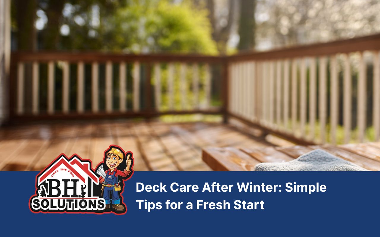 Deck maintenance after winter on a clean wooden deck in spring.