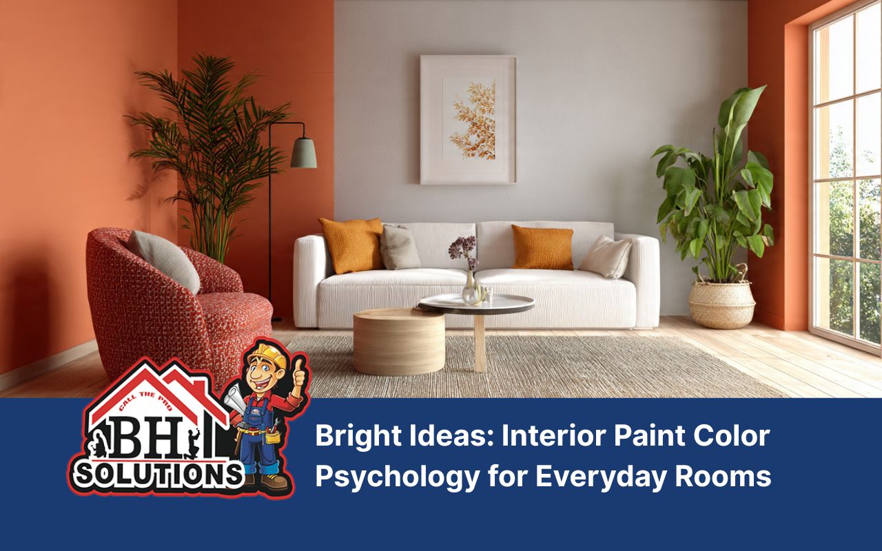 Interior paint color psychology in a living room with neutral walls and a warm accent wall