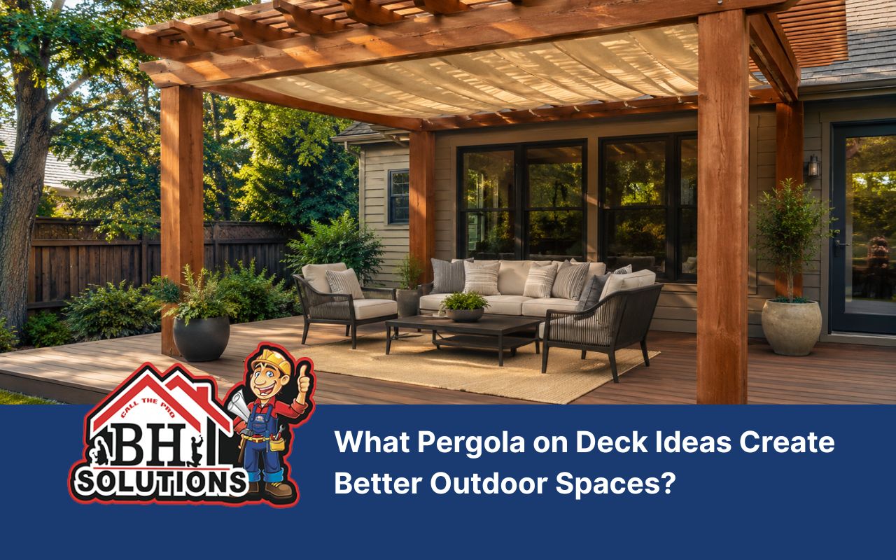 pergola on deck ideas with a warm wood frame and shaded seating