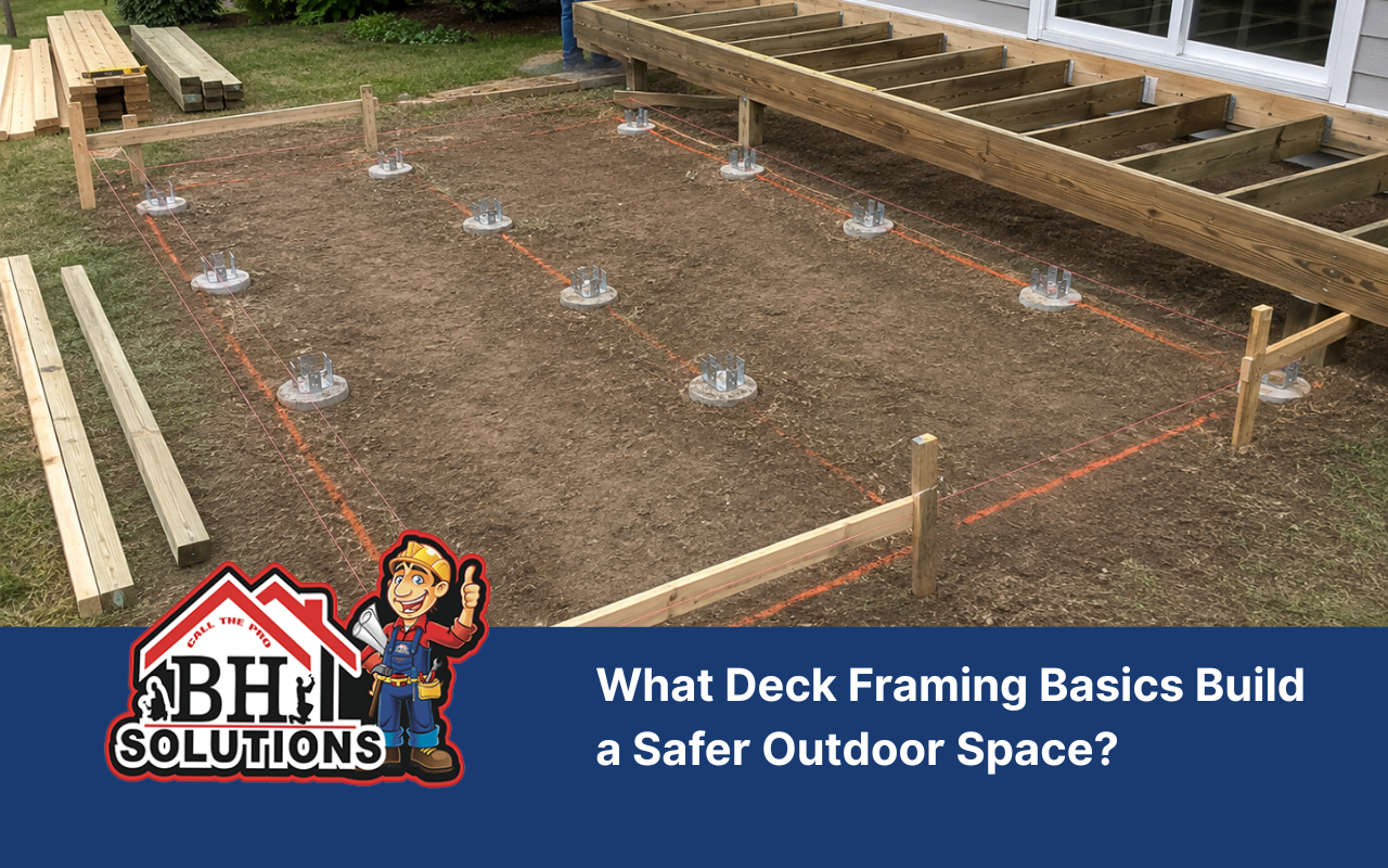 Deck framing basics shown through a marked foundation layout