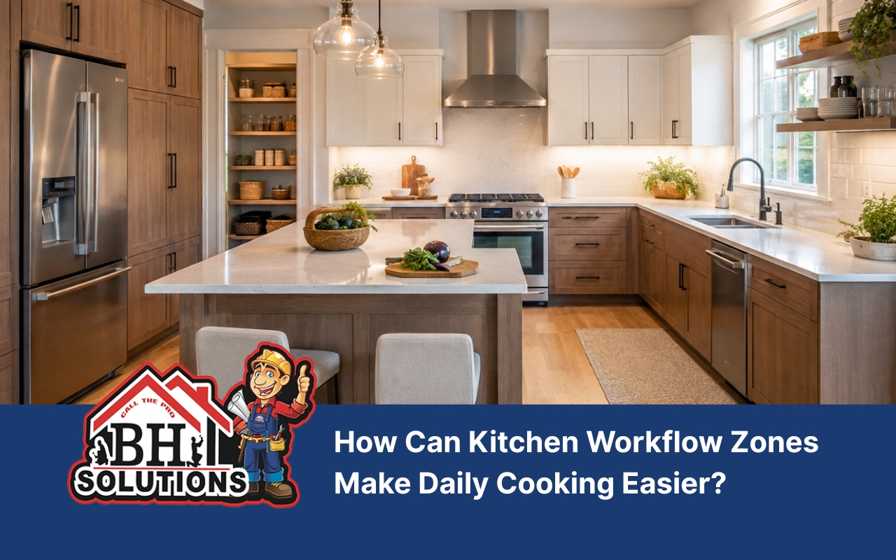 Kitchen workflow zones connecting preparation, cooking, cleaning, and storage areas