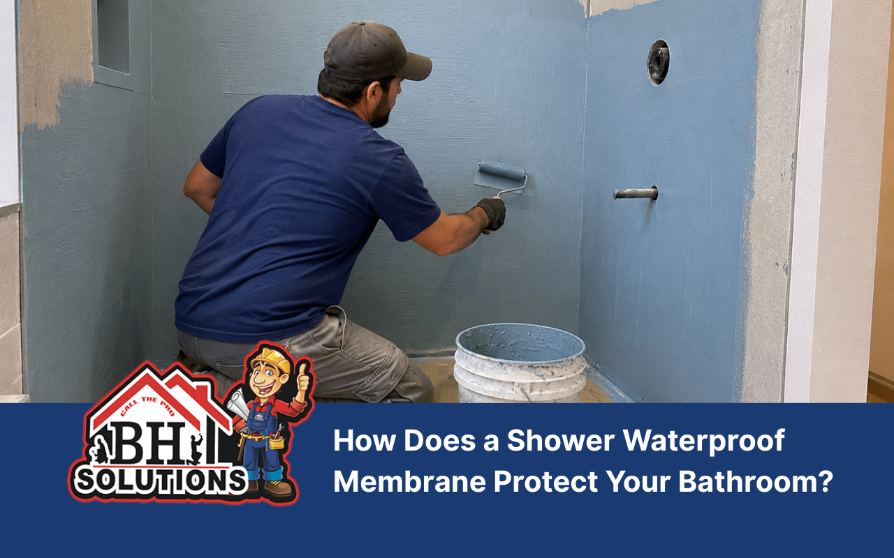 Shower waterproof membrane being applied evenly to prepared shower walls
