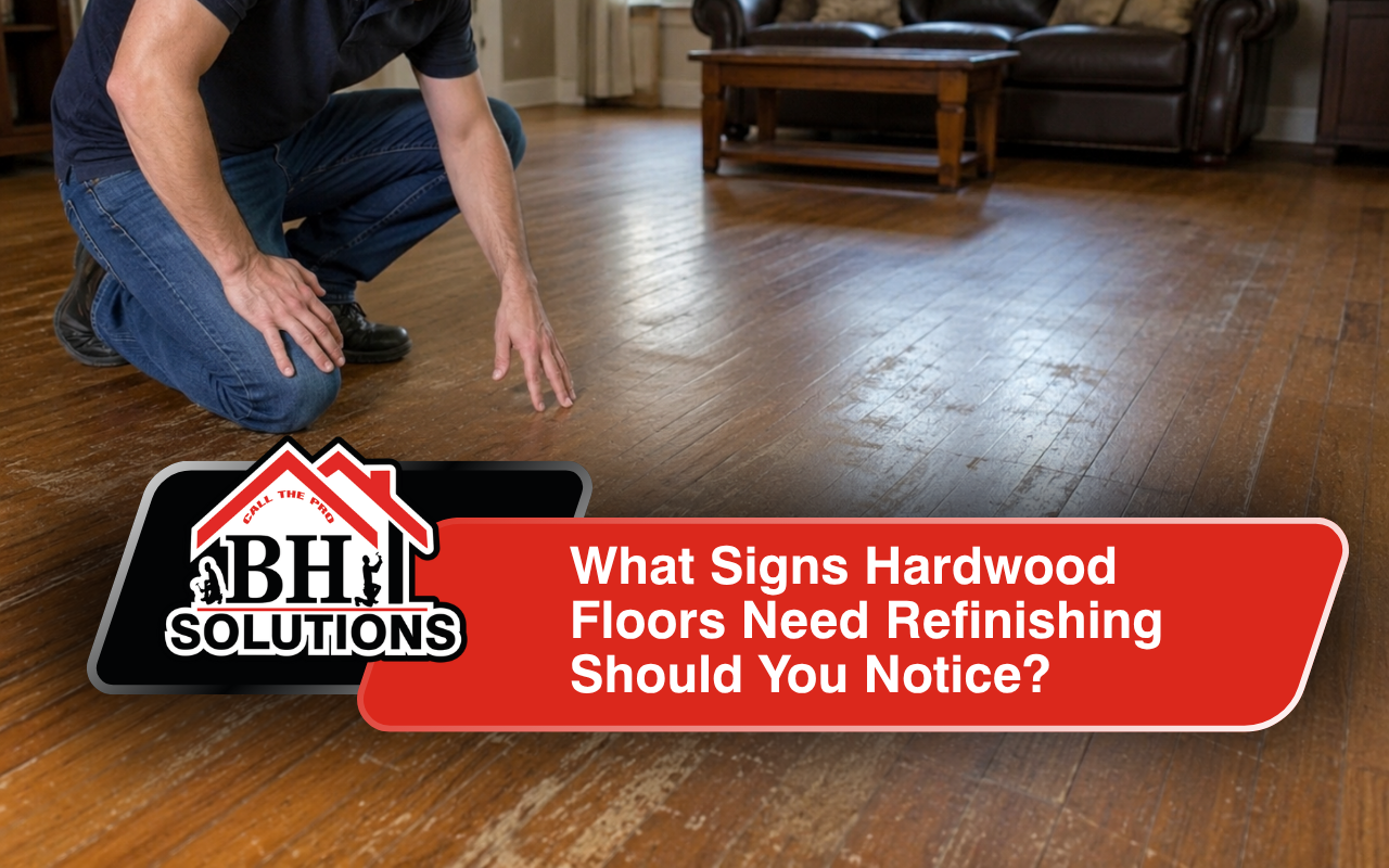 Signs hardwood floors need refinishing in a worn living room floor