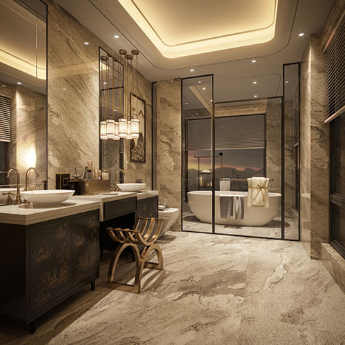 Bathroom with a tiled floor, vanity storage, and lighting above the mirror.