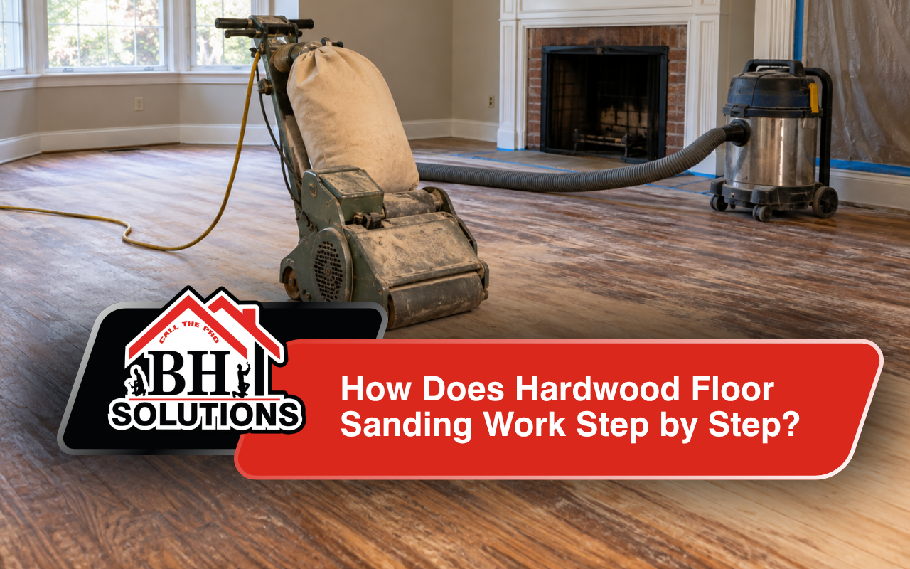 Hardwood floor sanding preparation before refinishing a worn wood floor
