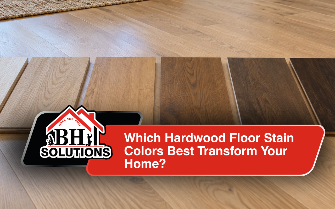 Hardwood floor stain colors shown on light oak flooring in a bright living room